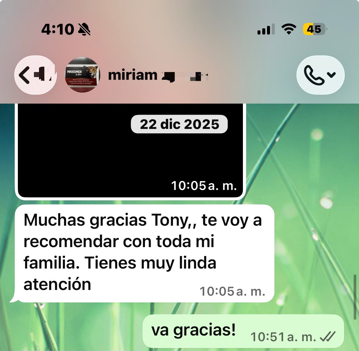 Testimonio de Miriam por WhatsApp