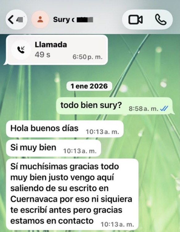 Testimonio de Sury por WhatsApp